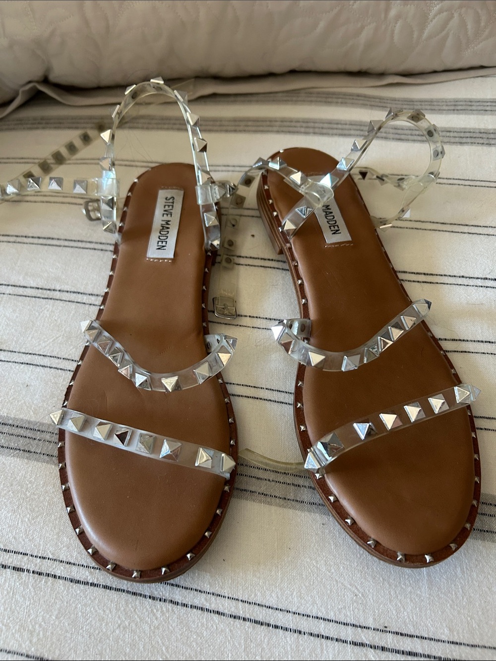 Steve Madden travel Brown Sandals with Clear Studded Straps 8